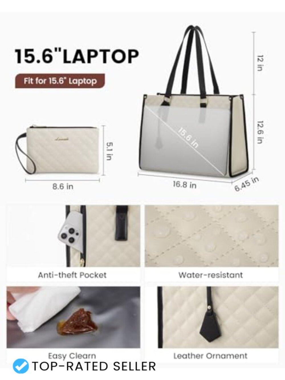 Quilted Laptop Lunch Tote Bag with Insulated Compartment and Wallet - Picture 2 of 6